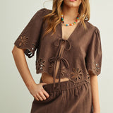 Embroidered Tie Front Top